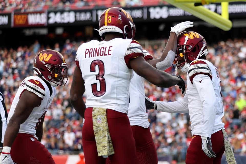 Jahan Dotson #1 of the Washington Commanders celebrates after a touchdown. (Photo by Adam Glanzman/Getty Images)