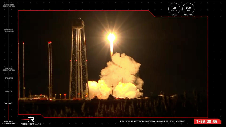 A Rocket Lab Electron booster powered by 3D-printed engines roars away from the Mid-Atlantic Regional Spaceport at NASA's Wallops Island, Virginia, flight facility, carrying three Hawkeye 360 radio-mapping satellites. It was Rocket Lab's first launch from U.S. soil after 32 flights from the company's New Zealand launch complex.  / Credit: Rocket Lab