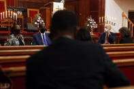 Democratic presidential candidate, former Vice President Joe Biden speaks with Pastor Sylvester Beaman and First Lady Renee Beaman during a visit to Bethel AME Church in Wilmington, Del., Monday, June 1, 2020. (AP Photo/Andrew Harnik)