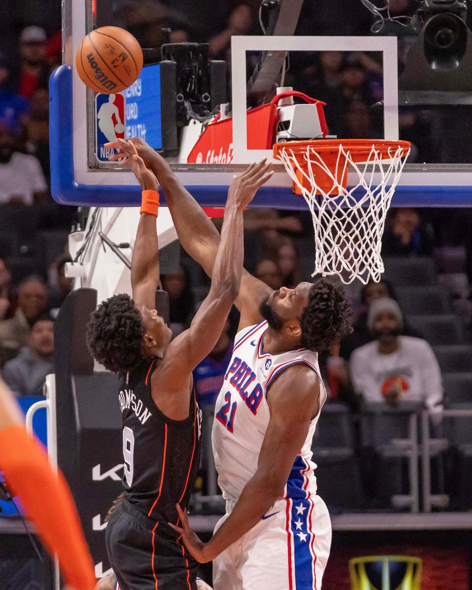 76ers center Joel Embiid blocks a shot by Pistons forward Ausar Thompson in the first half on Friday, Nov. 10, 2023, at Little Caesars Arena.