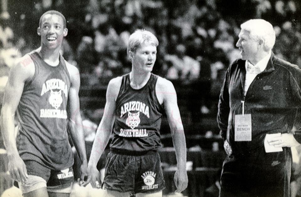 Kansas City, April 1, 1988 -- Arizona's Wildcats -- Arizona's Sean Elliott, left, and Steve Kerr joke with coach Lute Olson during practice Friday in Kansas City.