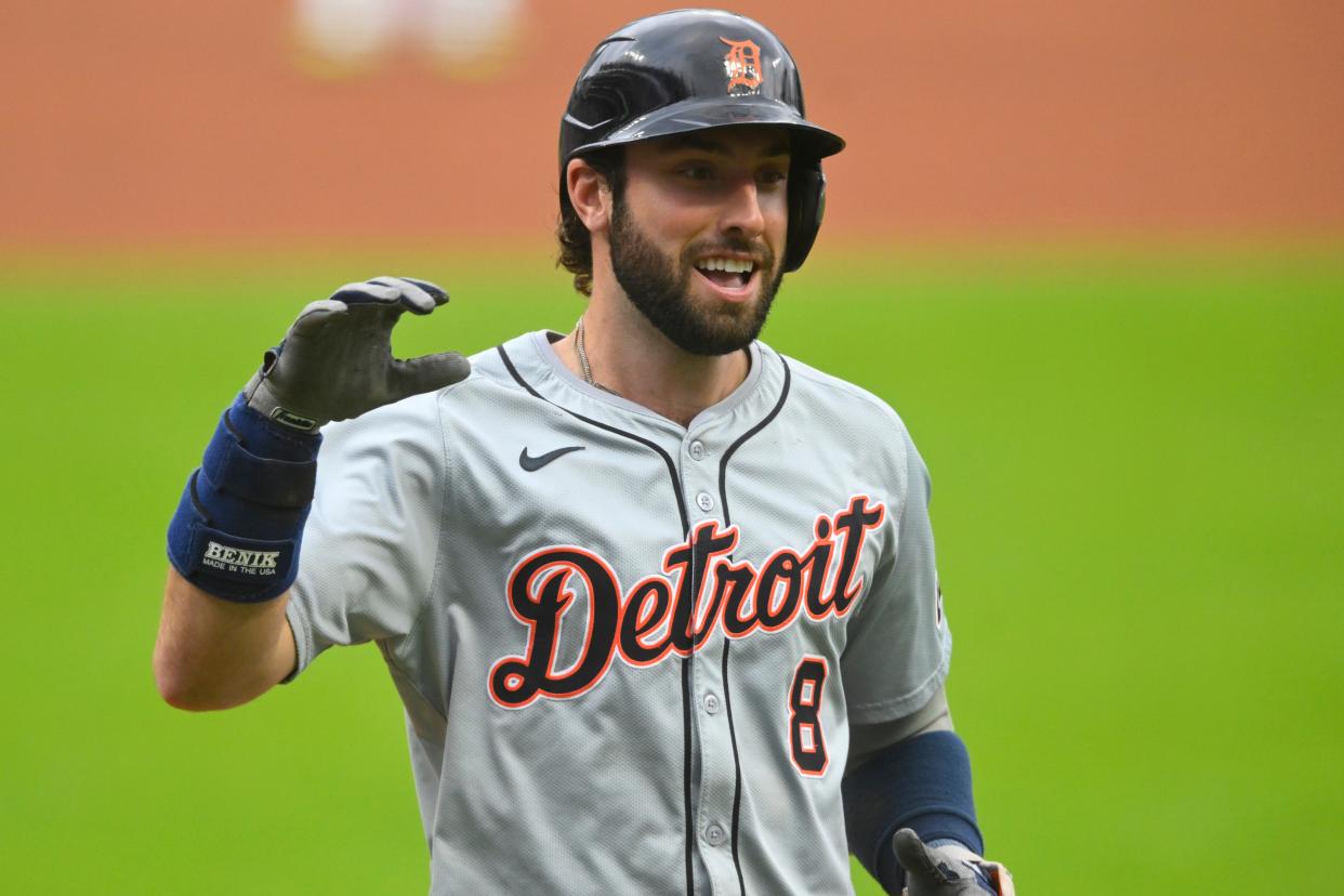 Detroit Tigers center fielder Matt Vierling (8) celebrates his solo home run in the first inning against the Cleveland Guardians at Progressive Field in Cleveland on Wednesday, July 24, 2024.