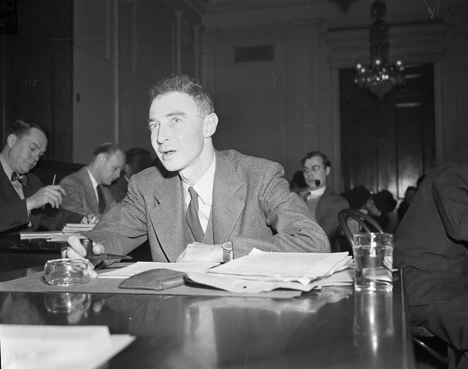 Dr. J. Robert Oppenheimer, atomic scientist, appearing before the Senate Atomic Energy Committee in Washington, Dec. 5, 1945, declines to estimate in public the damage one of the atomic bombs would inflict on a fleet of ships. (AP Photo)