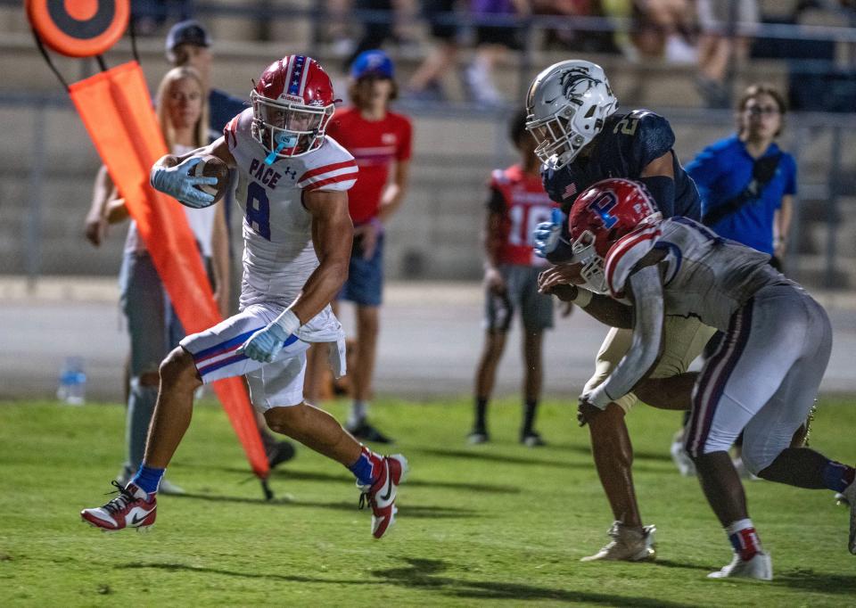 Pace's Xakery Wiedner runs down field during play against Gulf Breeze at Dolphin Stadium Friday, September 29, 2023.