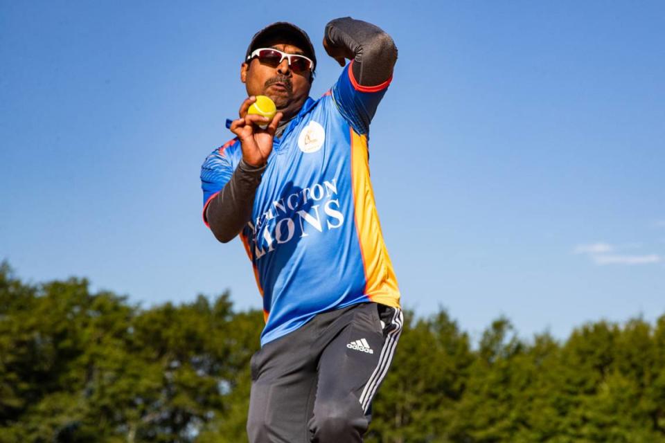 The Lexington Lions’ Sriram Narisetty bowls during practice on Saturday, July 6, 2024. The bowler, similar to a pitcher in Baseball, throws overhand to the batter, but can also decide to bounce the ball instead of throwing directly to the opposing player.