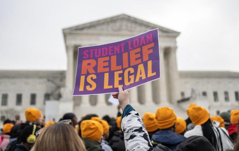 Roughly 1 in 8 Americans will have to restart loan payments as soon as September 2023. <a href="https://www.gettyimages.com/detail/news-photo/activists-and-students-protest-in-front-of-the-supreme-news-photo/1247556593?adppopup=true" rel="nofollow noopener" target="_blank" data-ylk="slk:Andrew Caballero-Reynolds/AFP via Getty Images;elm:context_link;itc:0;sec:content-canvas" class="link ">Andrew Caballero-Reynolds/AFP via Getty Images</a>