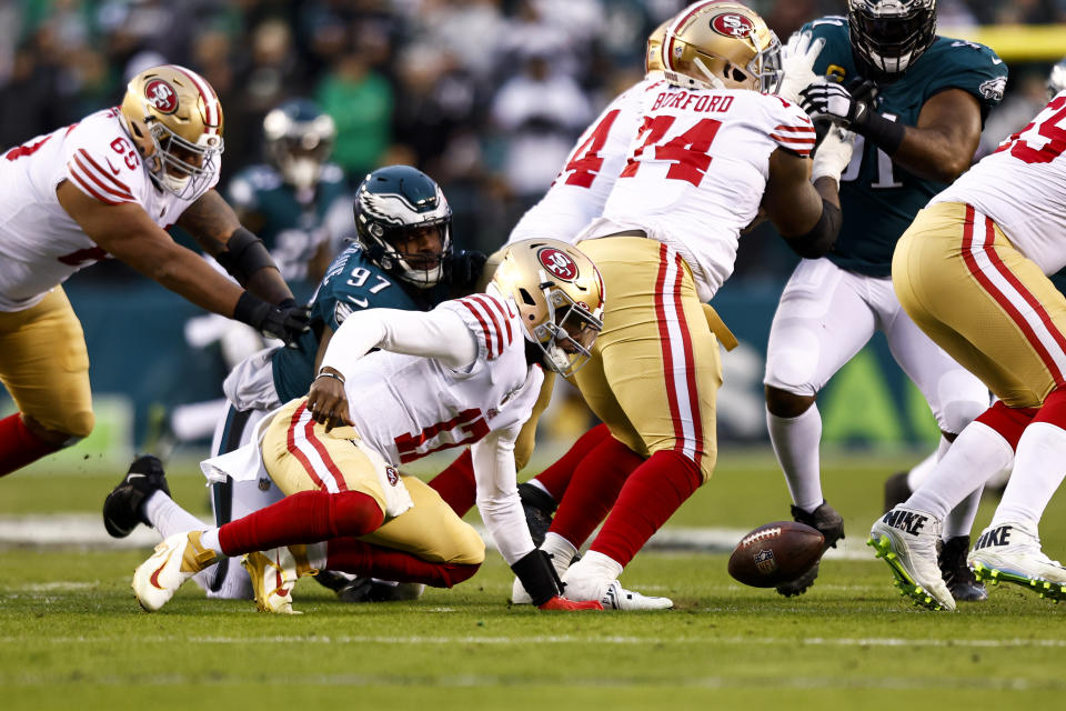 PHILADELPHIA, PA - JANUARY 29: Josh Johnson #17 of the San Francisco 49ers fumbles the ball in the backfield during the second quarter of the NFC Championship NFL football game against the Philadelphia Eagles at Lincoln Financial Field on January 29, 2023 in Philadelphia, Pennsylvania. (Photo by Kevin Sabitus/Getty Images)