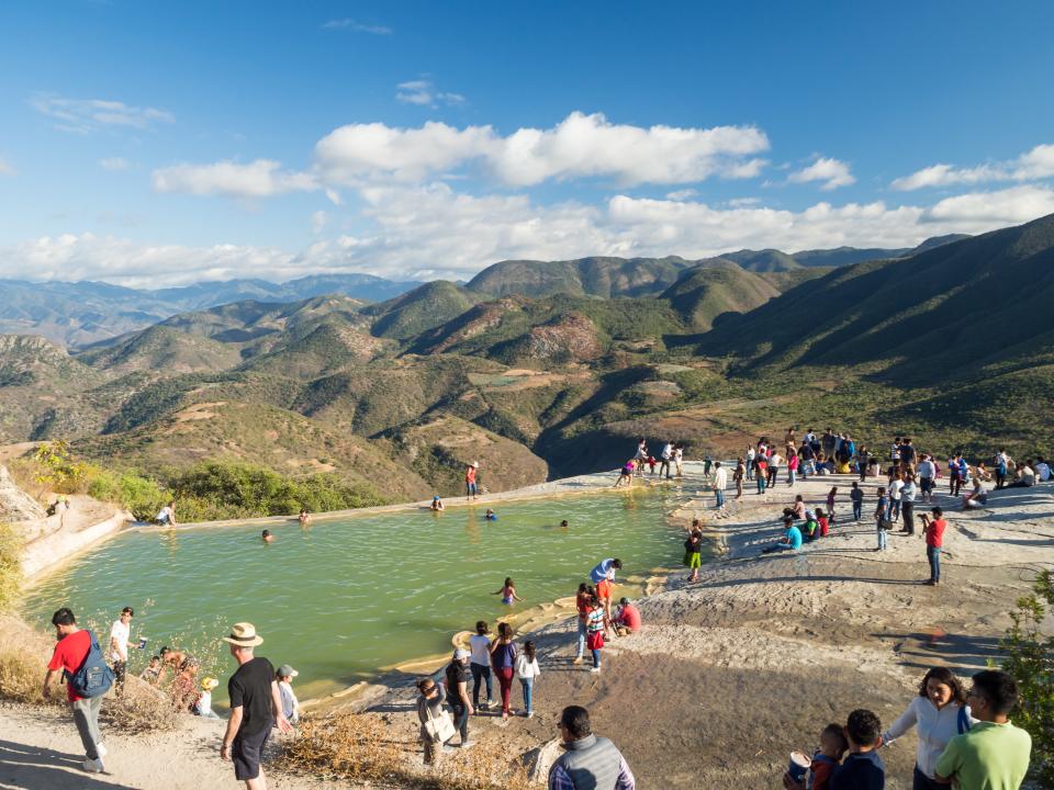 Tourists atop Hierve el Agua in January, 2018