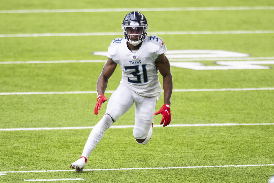 Tennessee Titans safety Kevin Byard (31) is shown in action in the third quarter during an NFL football game against the Minnesota Vikings, Sunday, Sept. 27, 2020, in Minneapolis. The NFL's ranks of undefeated teams should thin by one Tuesday night, Oct. 13, 2020, when the Buffalo Bills and Tennessee Titans finally meet in a rescheduled game. (AP Photo/David Berding, File)