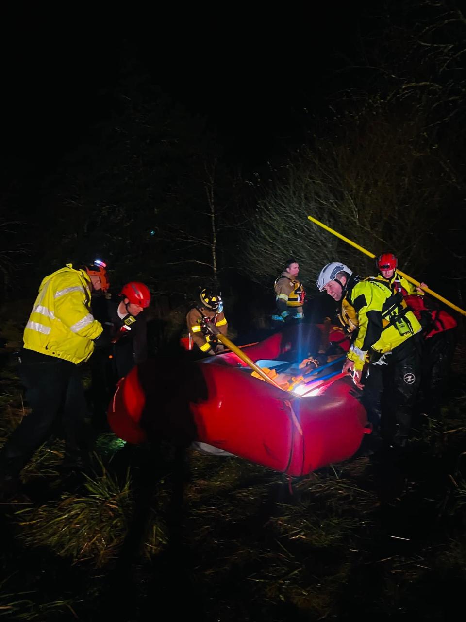 Maury County Fire, Franklin Fire Swift Water Rescue team, Columbia Fire & Rescue and Spring Hill Fire Department combined resources to rescue two individuals trapped in a car in Little Flat Creek.