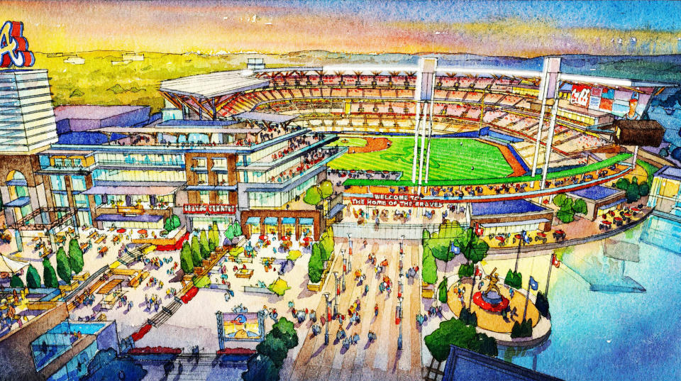 This artist rendering provided by the Atlanta Braves shows the team's proposed new ballpark and mixed-use development design in Cobb County. The stadium is scheduled to open in 2017, replacing Turner Field. (AP Photo/Atlanta Braves)