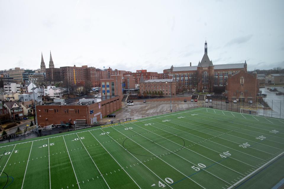 The Central Catholic High School practice field where Damar Hamlin was a top-rated football player before playing for the University of Pittsburgh and the NFL. Hamlin suffered a cardiac arrest during the Monday Night Football matchup Jan. 2, 2023, between the Cincinnati Bengals and Buffalo Bills.