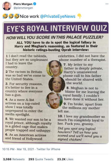 Screenshot of UK paper Private Eye's 'quiz' that pointed out the supposed 