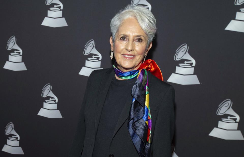 FILE - Joan Baez arrives at the Latin Grammy special merit awards on Nov. 13, 2019, in Las Vegas. Baez is the subject of a documentary titled, "Joan Baez: I Am a Noise." (Photo by Eric Jamison/Invision/AP, File)