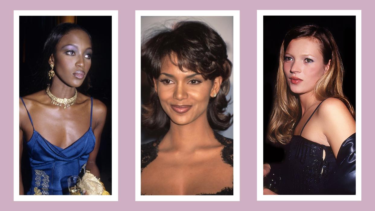  Naomi Campbell, Halle Berry and Kate Moss pictured with '90s makeup looks/ in a purple template. 