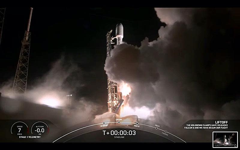 A SpaceX Falcon 9 rocket roars to life at the Cape Canaveral Space Force Station carrying 60 Starlink internet relay stations to orbit. An attempt to recover the first stage with landing on an off-shore droneship failed, ending a string of 24 successful recoveries over the past year. / Credit: SpaceX webcast