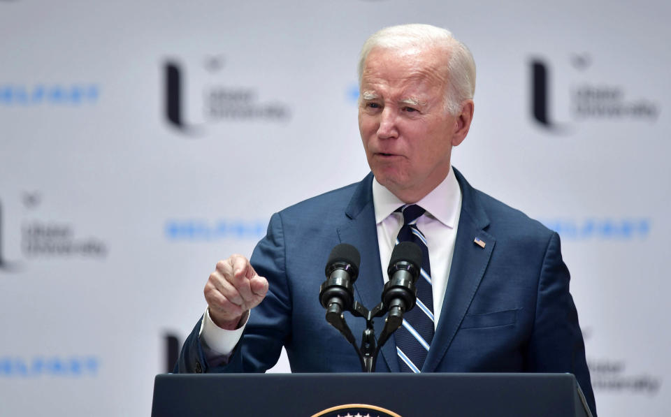 BELFAST, NORTHERN IRELAND - APRIL 12: U.S. President Joe Biden delivers a speech at Ulster University on April 12, 2023 in Belfast, Northern Ireland. US President Joe Biden spends the day in Belfast meeting with UK Prime Minister Rishi Sunak and delivering a speech at Ulster University. His visit marks the 25th anniversary of the Good Friday Agreement, the peace deal which ended 30 years of conflict in Northern Ireland. (Photo by Charles McQuillan/Getty Images)