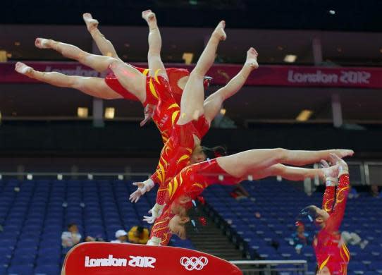 Huang Qiushuang of China attends a gymnastics training session at the North Greenwich Arena before the start of the London 2012 Olympic Games July 26, 2012.