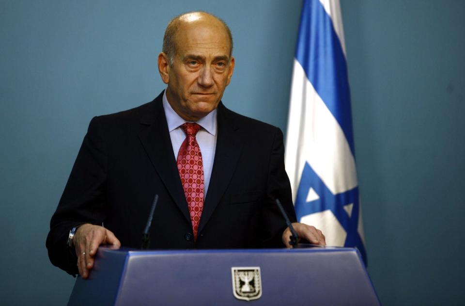 Former Israeli prime minister Ehud Olmert at a press conference while in office in 2009 (Getty)