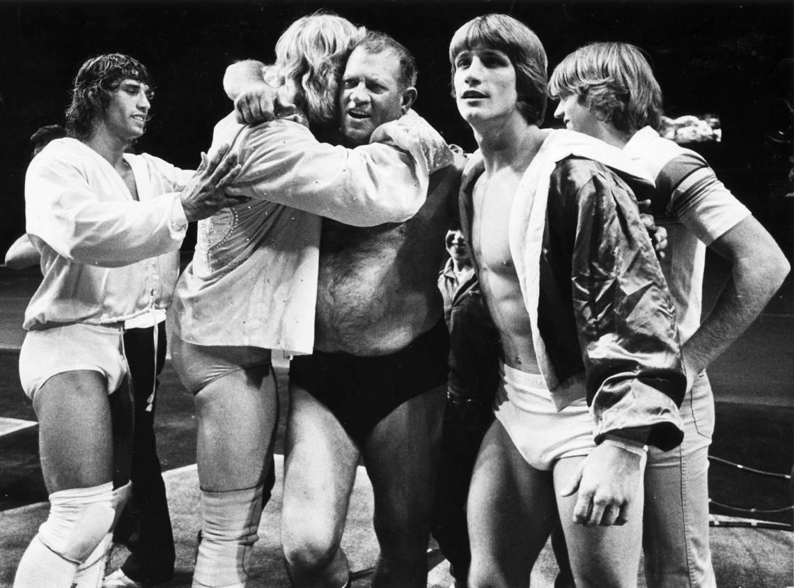 The Von Erich Family of Wrestling, including father Fritz and sons Kerry, left, and Kevin, second from right. Jan Sonnemair/The Dallas Morning News