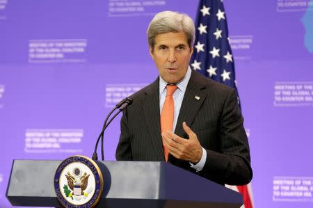 U.S. Secretary of State John Kerry speaks at a press briefing after a "Meeting of the Ministers of the Global Coalition to Counter ISIL: Joint Plenary Session" at the State Department in Washington, U.S., July 21, 2016. REUTERS/Joshua Roberts