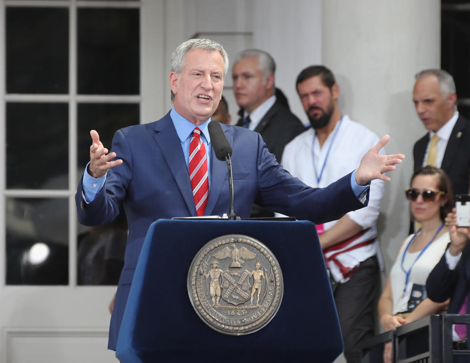 Mayor Bill de Blasio speaks at a ceremony honoring the members of the United States Women's National Soccer Team at City Hall on July 10, 2019 in New York City. The honor followed a ticker tape parade up lower Manhattan's 