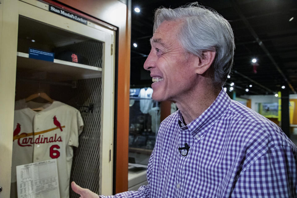 In this image provided by National Baseball Hall of Fame and Museum, Ted Simmons tours the Hall of Fame, Thursday Feb. 27, 2020, in Cooperstown, N.Y. Simmons, a catcher who played for the Cardinals, Brewers and Braves for 21 seasons, was elected to the Hall of Fame by the Modern Baseball Era Committee as part of the Class of 2020. He will be inducted in July. (Milo Stewart, Jr./National Baseball Hall of Fame and Museum via AP)