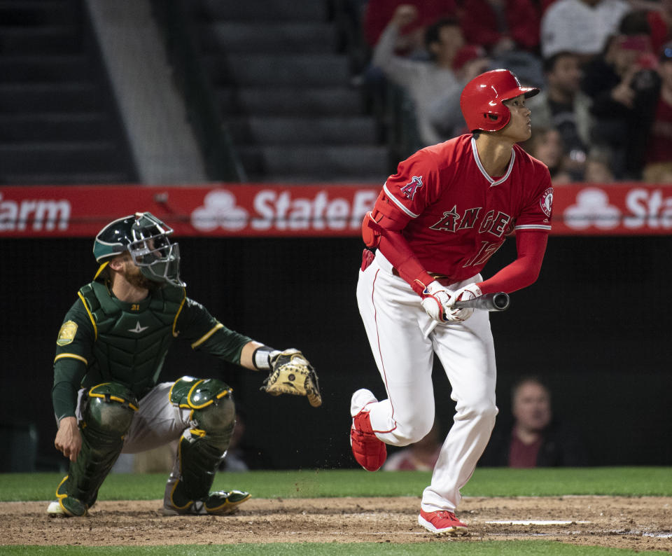 Angels' designated hitter Shohei Ohtani homered for the third straight game on Friday night. (AP)