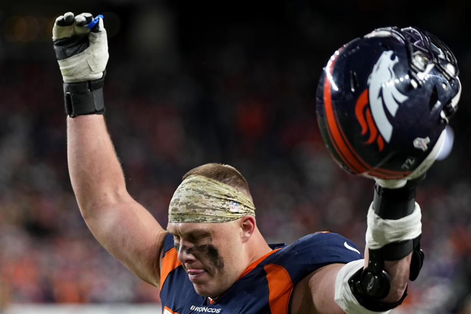 Denver Broncos offensive tackle Garett Bolles celebrates after an NFL football game against the Minnesota Vikings, Sunday, Nov. 19, 2023, in Denver. The Broncos defeated the Vikings 21-20. (AP Photo/Jack Dempsey)