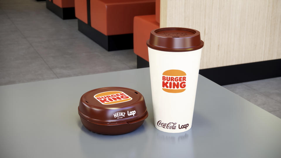 This photos provided by North America Public Relations shows a reusable packaging at a Burger King restaurant. Reusable packaging is about to become more common at groceries and restaurants worldwide. Loop, which collects and sanitizes reusable containers, said Wednesday, Sept. 22, 2021 it’s expanding after successful trials in France and Japan. Kroger and Walgreens in the U.S., and Tesco in the United Kingdom are among the groceries partnering with Loop. McDonald’s, Burger King and Tim Hortons have also signed on. (North America Public Relations via AP)