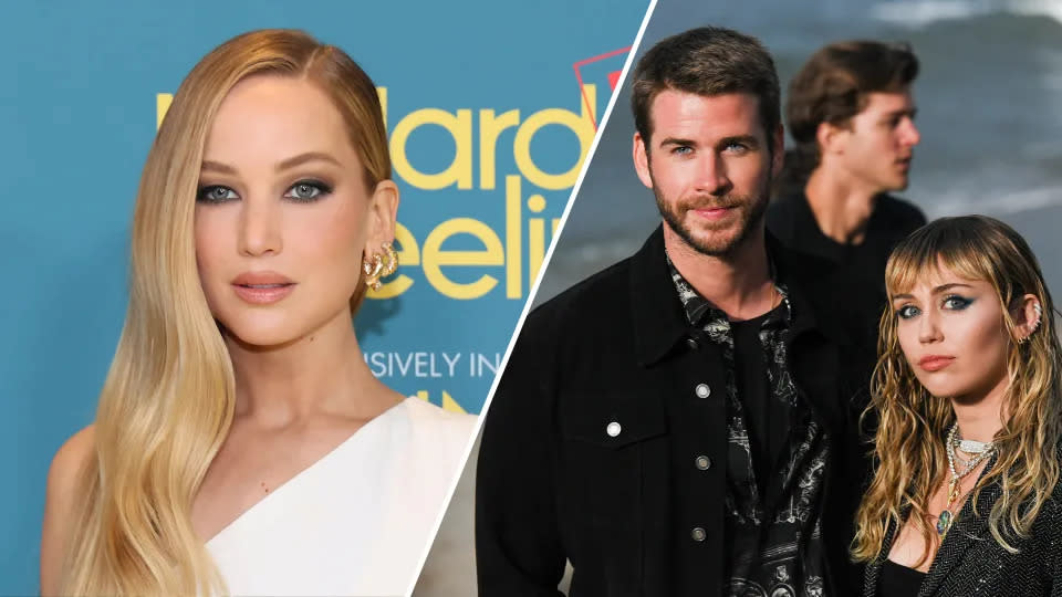 Darum reden alle über ein jahrzehntealtes Gerücht über Jennifer Lawrence, Liam Hemsworth und Miley Cyrus. (Fotos: Getty Images)
