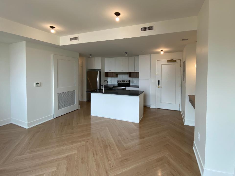 The empty living room and kitchen in David Scott Building.