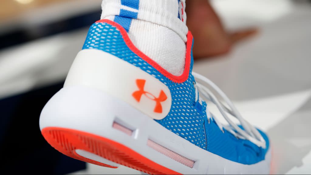 Under Armour shoes worn by Oklahoma City Thunder guard Terrance Ferguson (23) in the first half of an NBA basketball game Friday, Dec. 14, 2018, in Denver. (AP Photo/David Zalubowski)