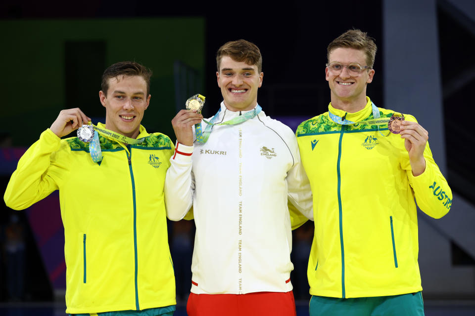 Zac Stubblety-Cook, James Wilby and Sam Williamson, pictured here with their medals at the Commonwealth Games.