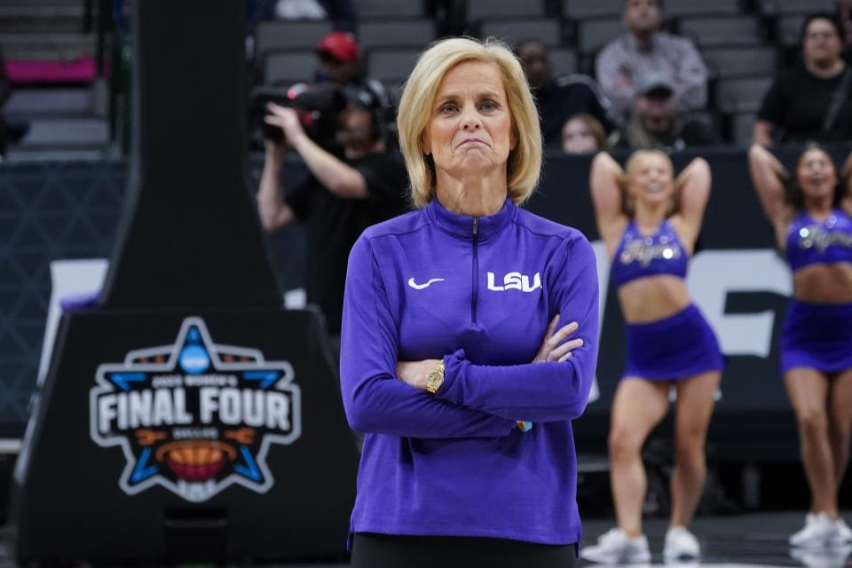 LSU head coach Kim Mulkey watches during a practice session for an NCAA Women's Final Four semifinals basketball game Thursday, March 30, 2023, in Dallas. (AP Photo/Tony Gutierrez)