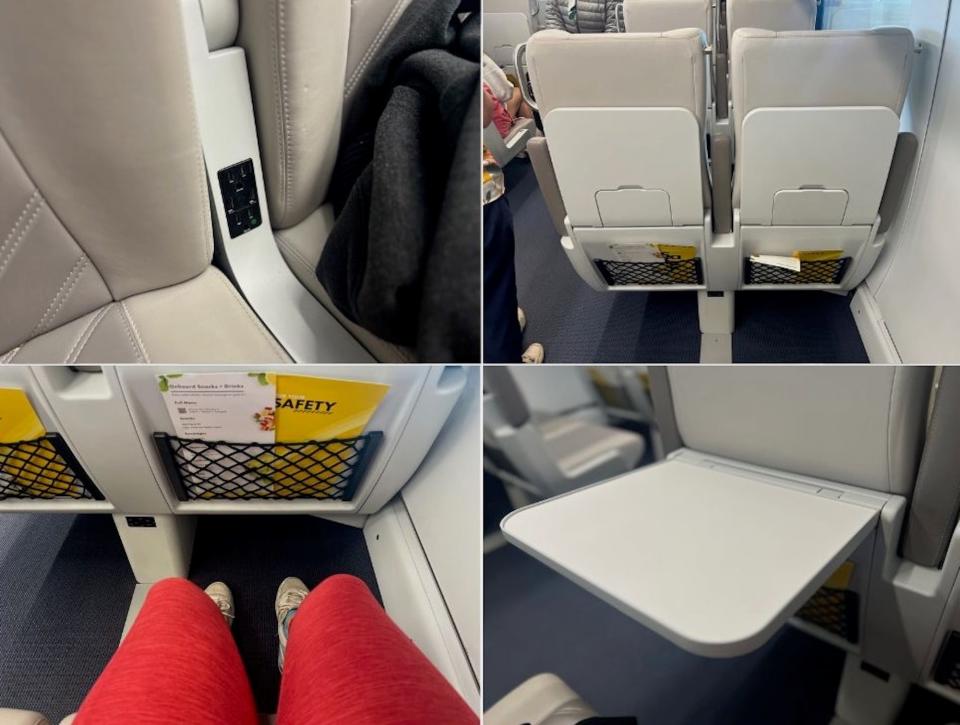 The amenities of the seat: tray table, outlets, seatback pockets, and legroom.