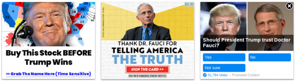 These political ads from the 2020 election are examples of potentially misleading techniques to get you to click on them. The ad on the left uses Donald Trump’s name and a clickbait headline promising money. The ad in the center claims to be a thank-you card for Dr. Anthony Fauci but in reality is intended to collect email addresses for political mailing lists. The ad on the right presents itself as an opinion poll but links to a page selling a product. Screenshots by Eric Zeng