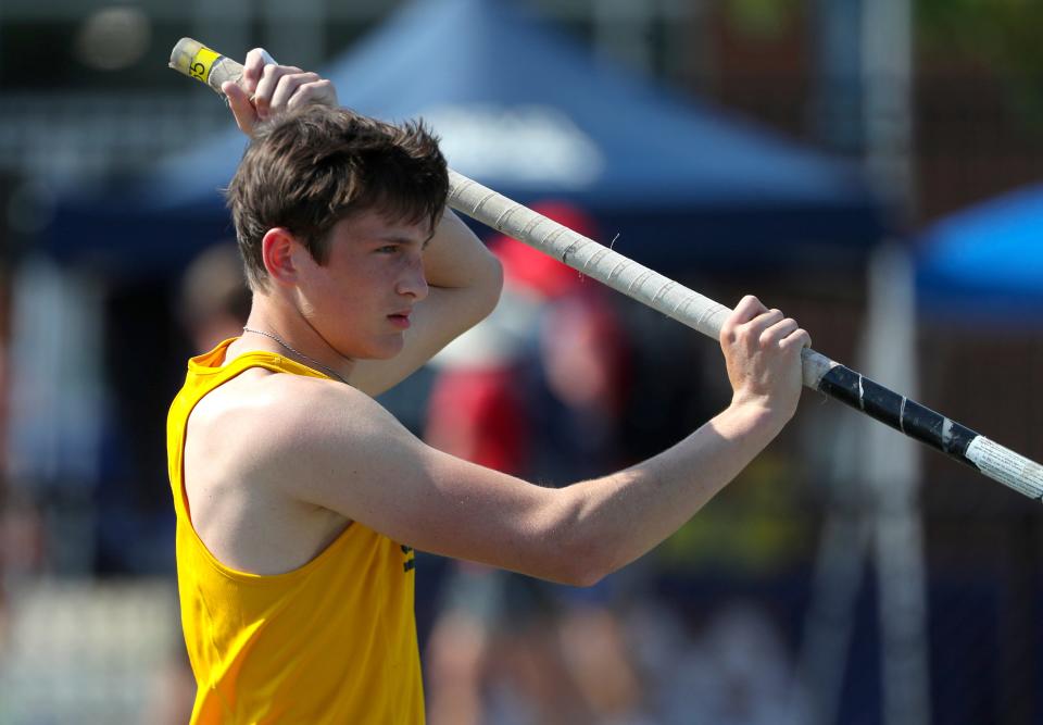 Salesianum's Matthew Klous sets himself before an attempt in the Division I pole vault at the DIAA Outdoor Track and Field Championships on Saturday at Dover High. Klous cleared 14 feet, 1 1/4 inches to win.