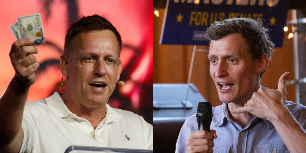 Billionaire Peter Thiel and Arizona GOP Senate candidate Blake Masters.
