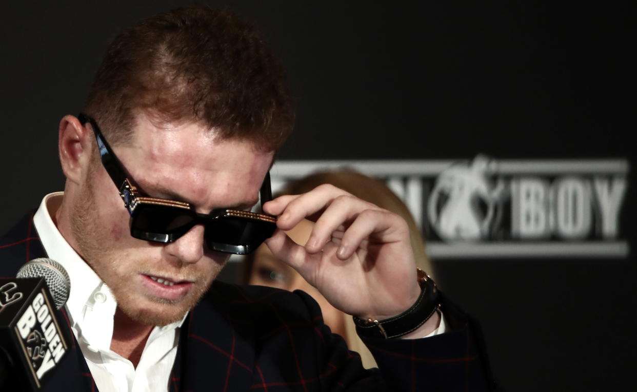 LAS VEGAS, NEVADA, UNITED STATES  NOVEMBER 2, 2019: Mexican boxer Saul «Canelo» Alvarez, WBA Super title holder, at a press conference on winning his WBO light heavyweight title bout against Russian rival Sergey Kovalev at MGM Grand Garden Arena in Las Vegas. Valery Sharifulin/TASS (Photo by Valery Sharifulin\TASS via Getty Images)