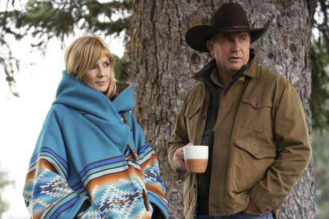 <p>Danno Nell/Paramount/Kobal/Shutterstock </p> Kelly Reilly and Kevin Costner in 'Yellowstone' season 3