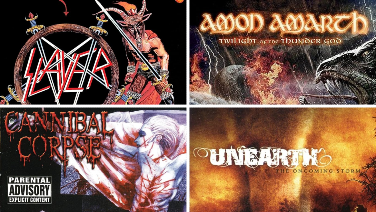  The album covers of Slayer's Show No Mercy, Amon Amarth's Twilight of the Thunder God, Unearth's The Oncoming Storm and Cannibal Corpse's Tomb of the Mutilated 