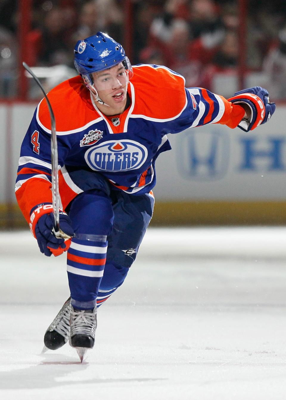 RALEIGH, NC - JANUARY 29: Taylor Hall #4 of the Edmonton Oilers competes for fastest skater during the Honda NHL SuperSkills competition part of 2011 NHL All-Star Weekend at the RBC Center on January 29, 2011 in Raleigh, North Carolina. (Photo by Kevin C. Cox/Getty Images)