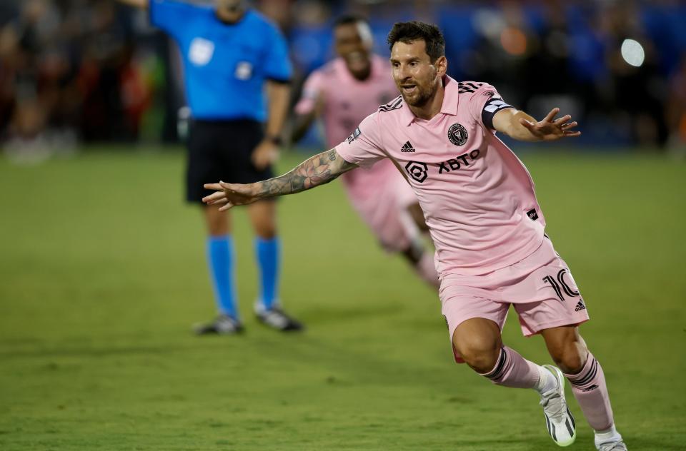 Lionel Messi celebrates after scoring his game-tying goal against FC Dallas in the Leagues Cup Round of 16.