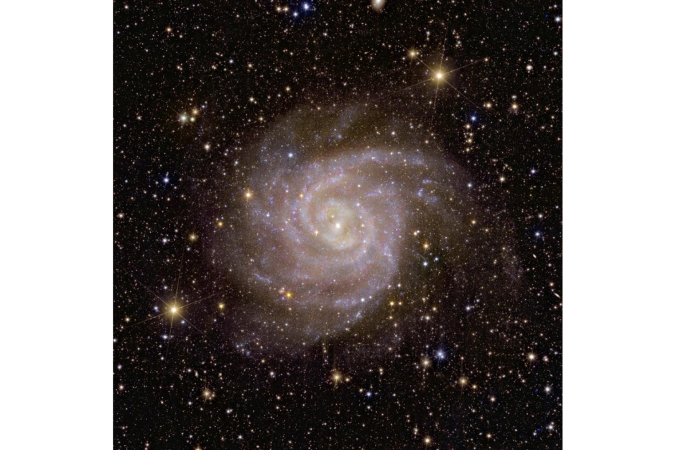 A pink and slightly hazy spiral galaxy in space, ahead of many stars and more distant bright galaxies.