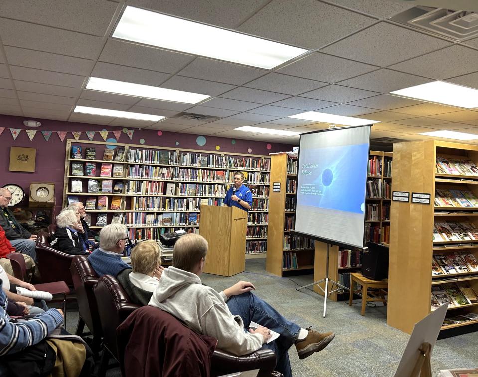 Ross Ellet, an award-winning meteorologist from 13abc news in Toledo, gave a presentation to more than 90 patrons March 21 at the Stair District Library in Morenci about the April 8, 2024, solar eclipse.