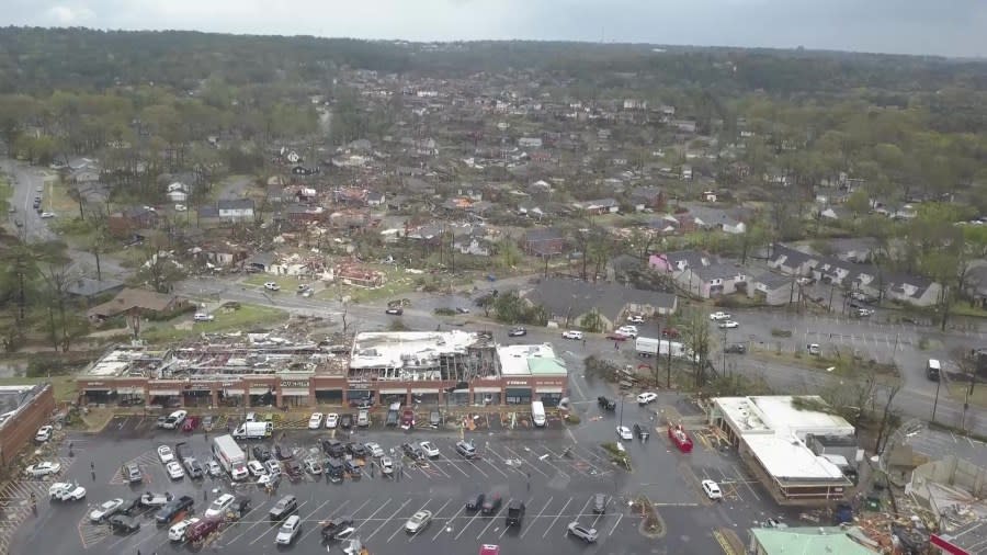 An overhead view of storm damage in Little Rock after tornadoes crossed through the area, March 31, 2023.