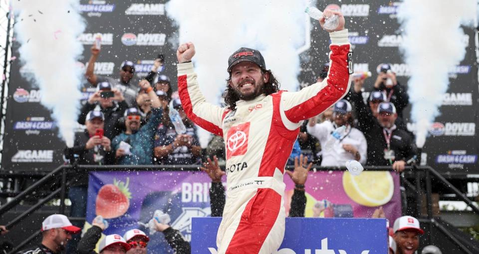 Ryan Truex celebrates in Victory Lane following his NASCAR Xfinity Series victory at Dover Motor Speedway.