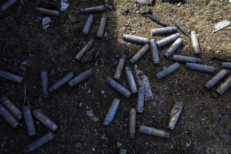 Fired bullets are seen under a destroyed Russian tank near the front line in Brovary, on the outskirts of Kyiv, Ukraine, Monday, March 28, 2022. (AP Photo/Rodrigo Abd)