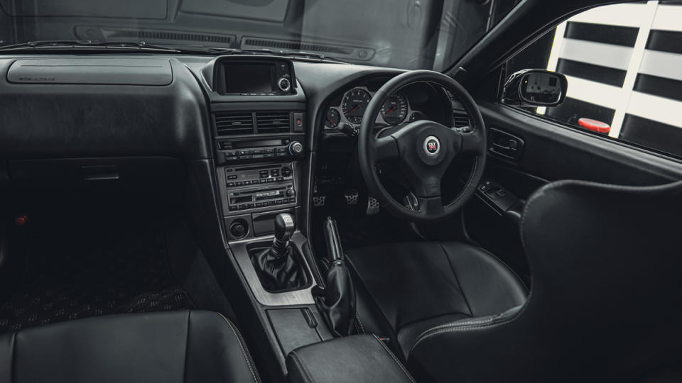 The interior of a 2002 Nissan Skyline GT-R M-Spec Nür.